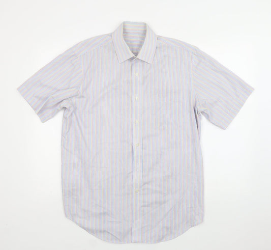 M&S Mens Multicoloured Striped Cotton  Button-Up Size 16 Collared Button