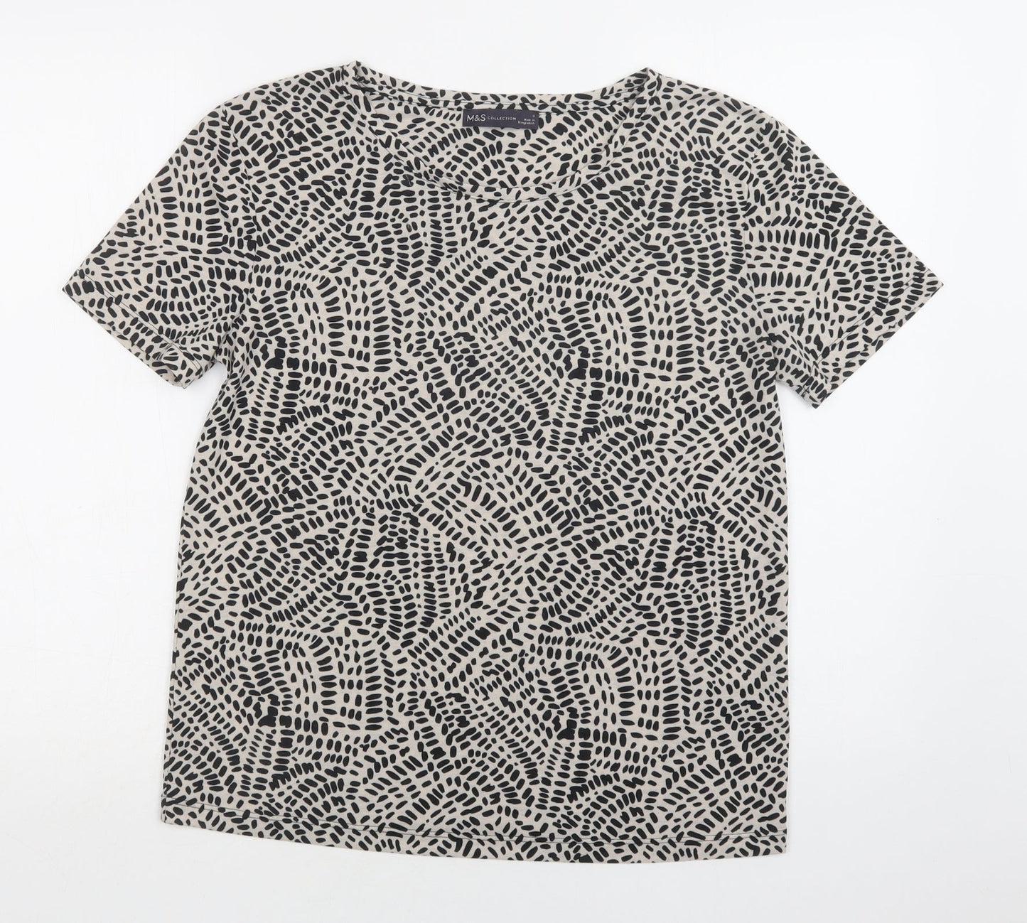 M&S Womens Beige Geometric Polyester Basic Blouse Size 8 Crew Neck