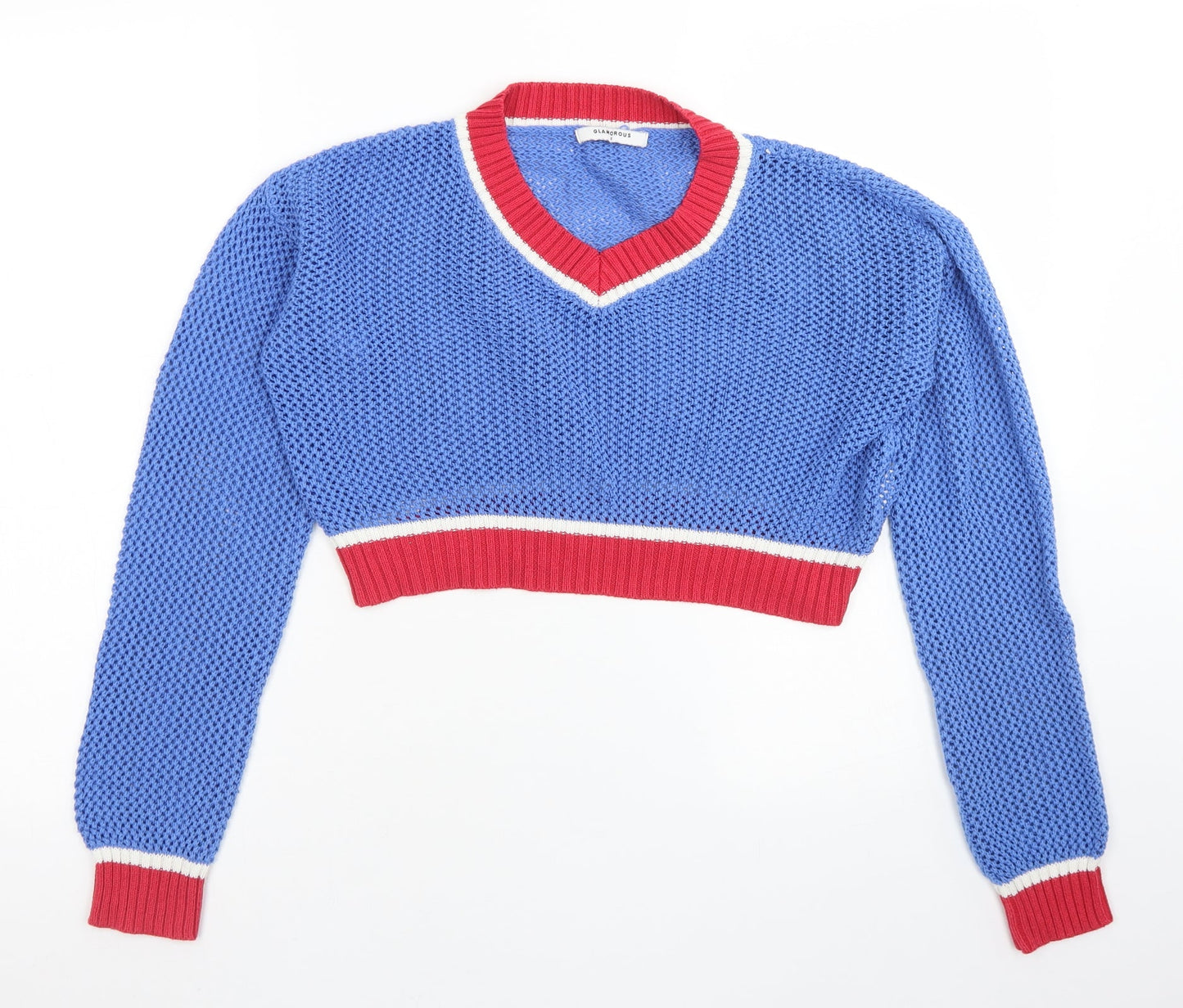 Glamorous Womens Blue V-Neck  Acrylic Pullover Jumper Size S   - Cropped