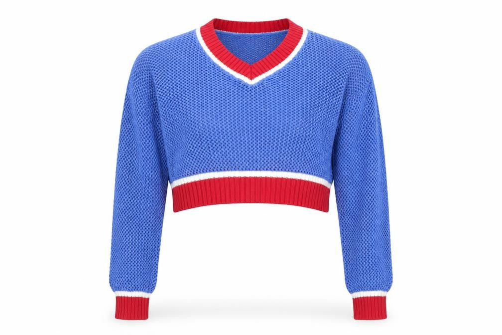 Glamorous Womens Blue V-Neck  Acrylic Pullover Jumper Size S   - Cropped