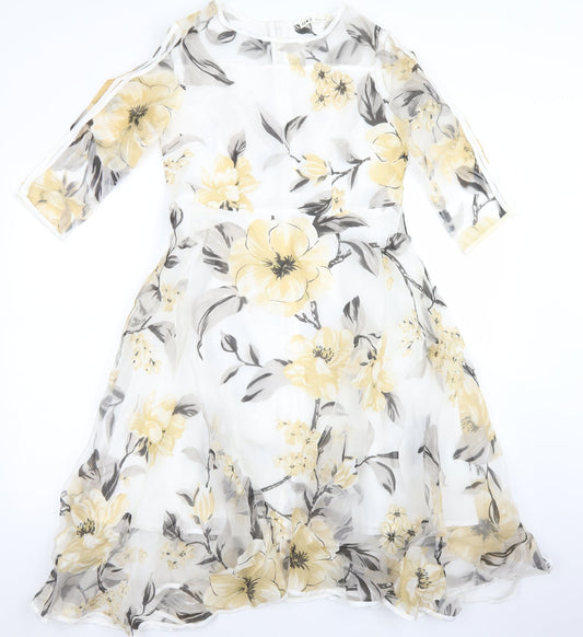 HX Womens Clear Floral Polyester Fit & Flare  Size L  Round Neck Zip