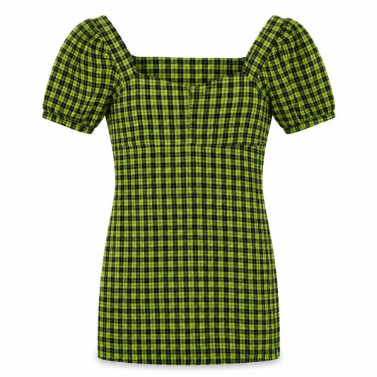 Noisy May Womens Yellow Check Cotton Bodycon  Size L  Off the Shoulder Pullover