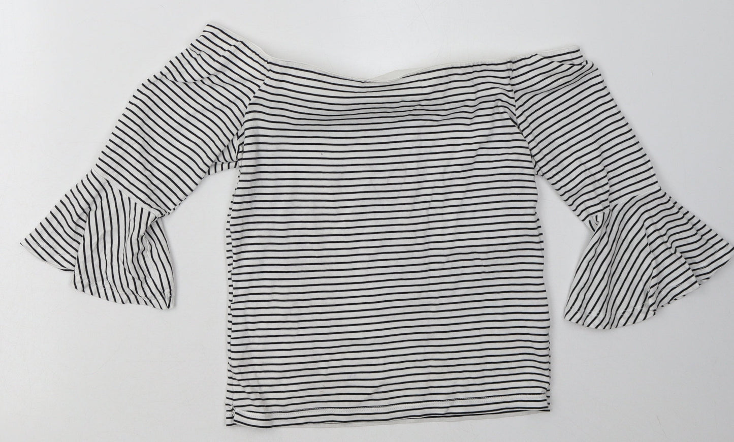 Topshop Womens White Striped Cotton Basic T-Shirt Size 10 Off the Shoulder