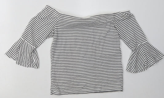 Topshop Womens White Striped Cotton Basic T-Shirt Size 10 Off the Shoulder