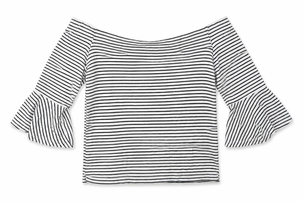 Topshop Womens White Striped Cotton Basic T-Shirt Size 10 Off the Shoulder