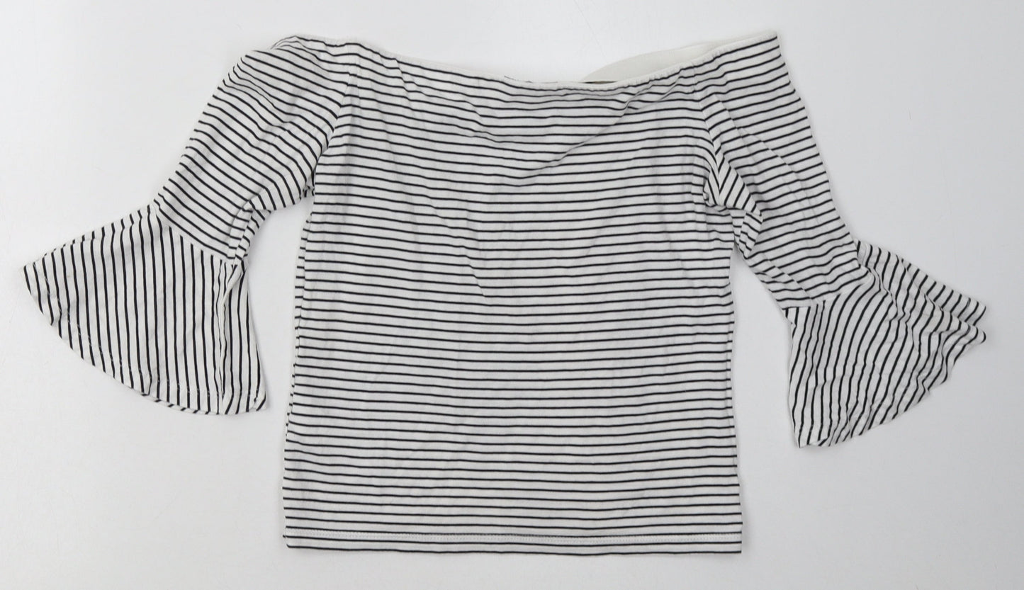 Topshop Womens White Striped Cotton Basic T-Shirt Size 10 Off the Shoulder