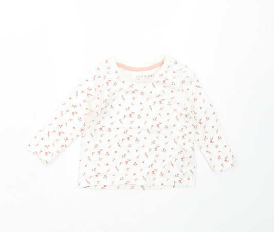 Primark Girls Ivory Floral Cotton Basic T-Shirt Size 6-9 Months Round Neck