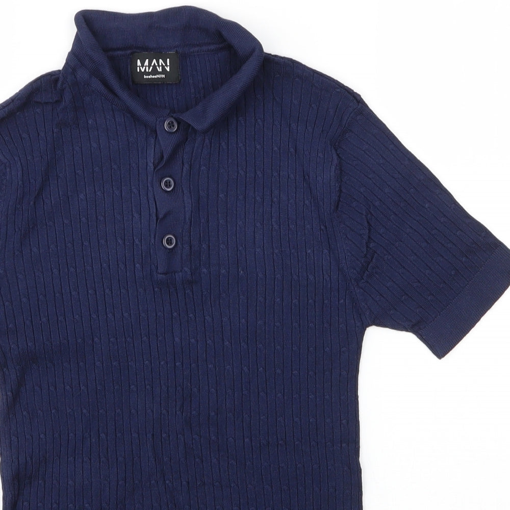 Boohoo MAN Mens Blue Collared  Viscose Pullover Jumper Size S