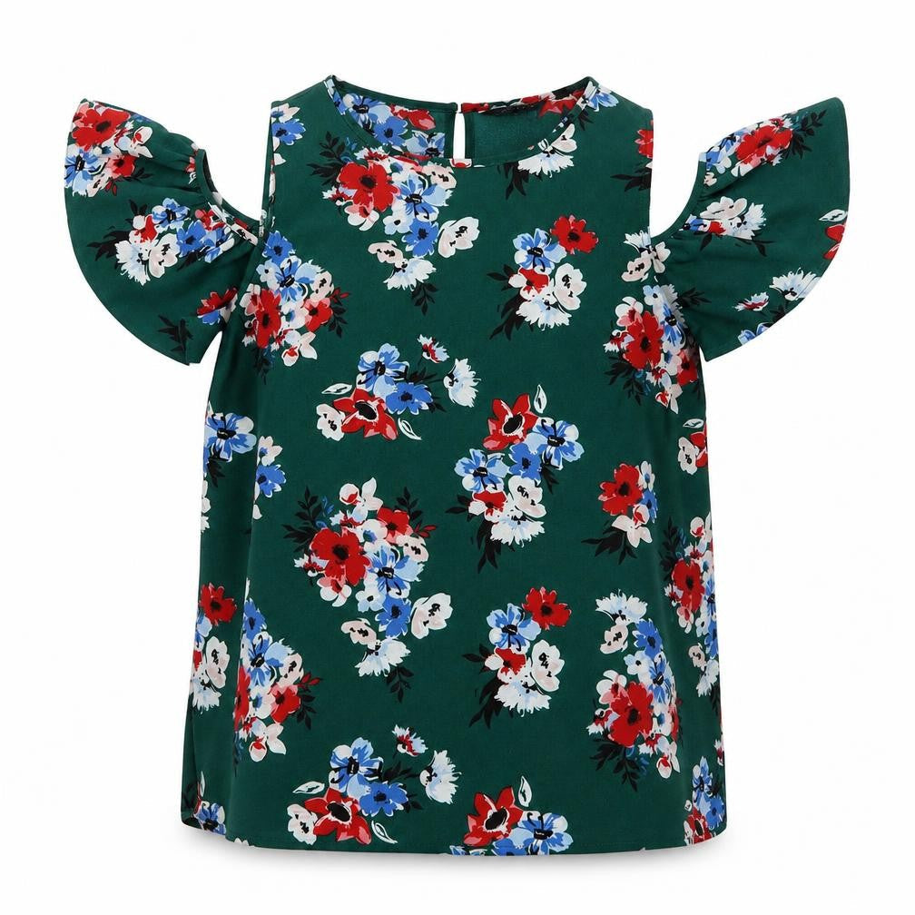 New Loik Womens Green Floral Polyester Basic Blouse Size 12 Round Neck - Cold Shoulder
