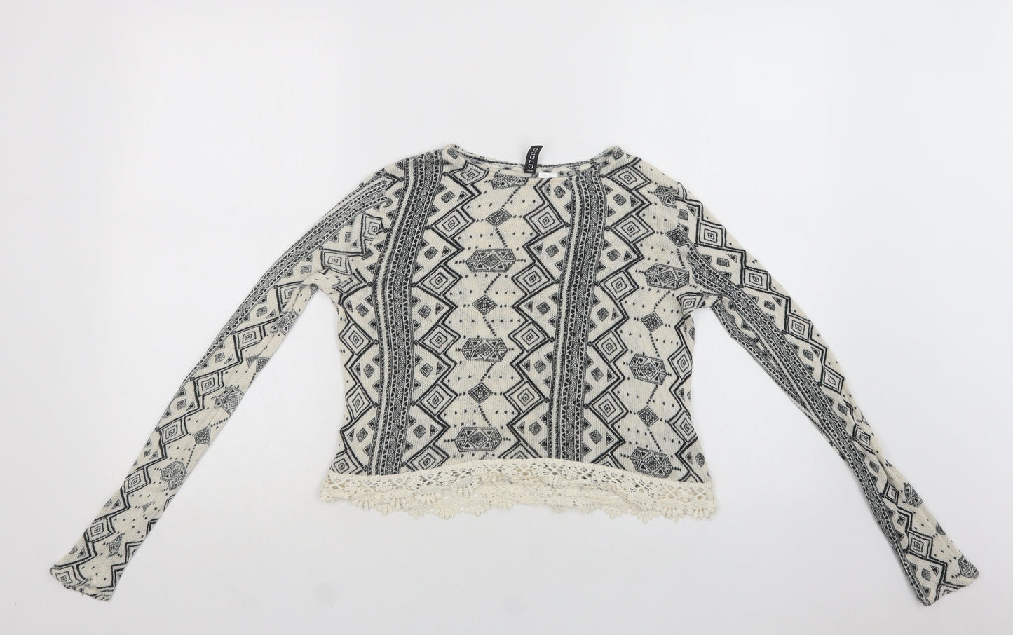 H&M Womens Beige Crew Neck Geometric Viscose Pullover Jumper Size XS   - Lace Detail
