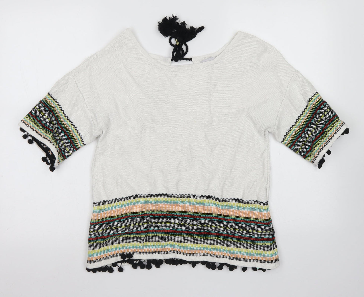 M&S Womens White Round Neck Striped Cotton Pullover Jumper Size 12