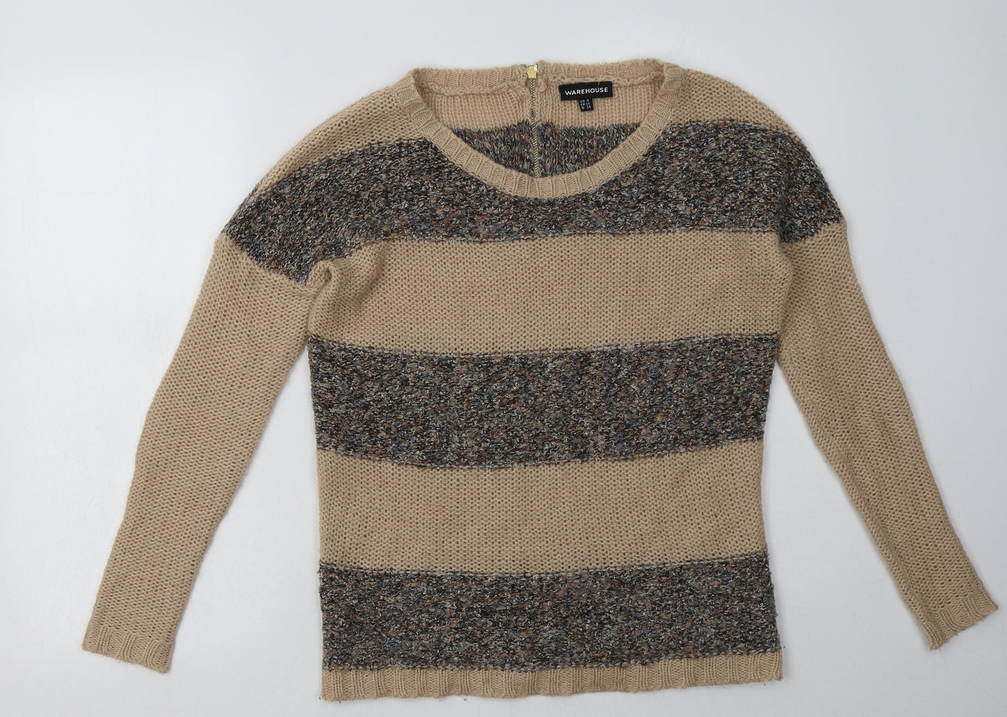 warehuse Womens Brown Striped Acrylic Pullover Sweatshirt Size 8  Zip