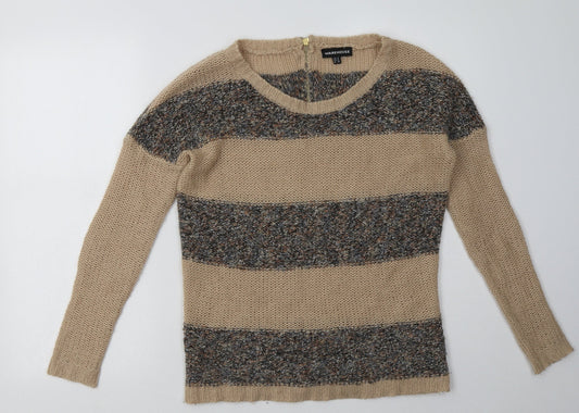 warehuse Womens Brown Striped Acrylic Pullover Sweatshirt Size 8  Zip