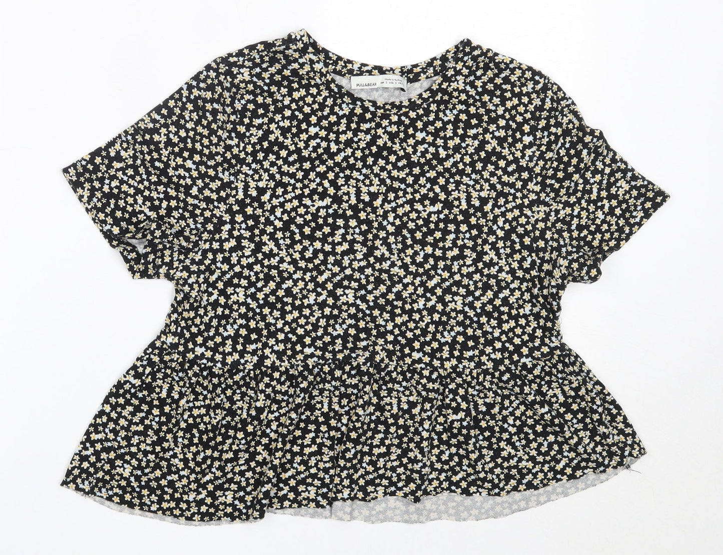 Pull&Bear Womens Black Floral Cotton Basic T-Shirt Size S Round Neck
