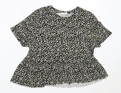 Pull&Bear Womens Black Floral Cotton Basic T-Shirt Size S Round Neck