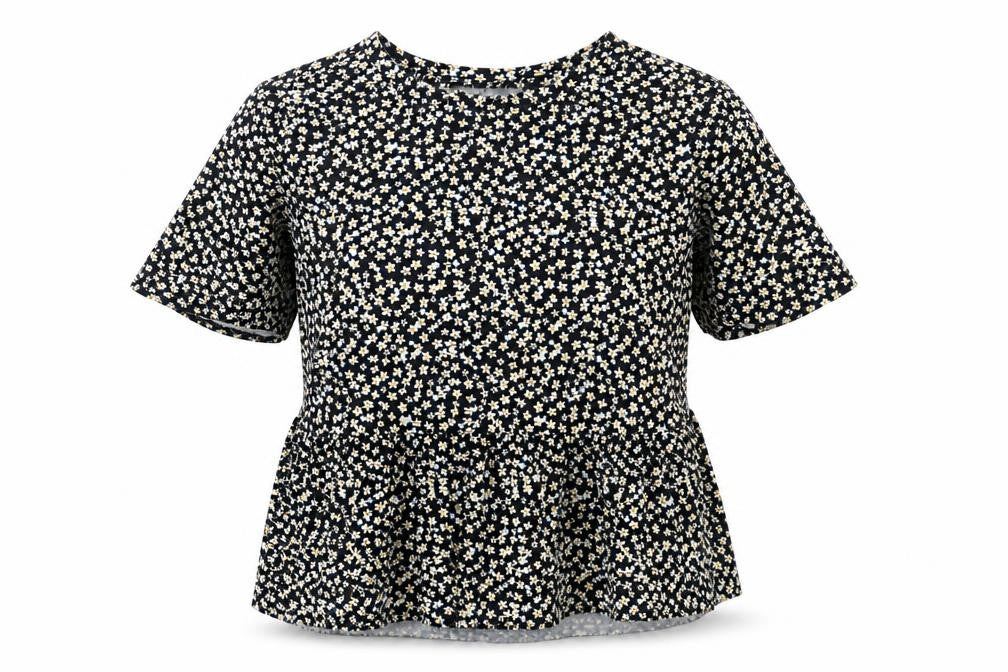 Pull&Bear Womens Black Floral Cotton Basic T-Shirt Size S Round Neck