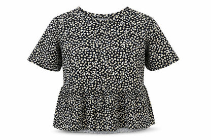 Pull&Bear Womens Black Floral Cotton Basic T-Shirt Size S Round Neck