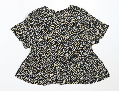Pull&Bear Womens Black Floral Cotton Basic T-Shirt Size S Round Neck
