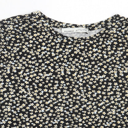 Pull&Bear Womens Black Floral Cotton Basic T-Shirt Size S Round Neck