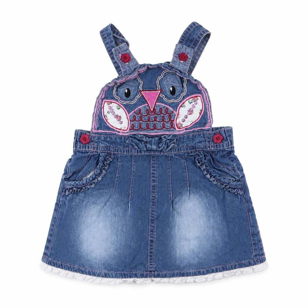 M &Co Baby Blue  Cotton Pinafore/Dungaree Dress  Size 9-12 Months  Square Neck Button - Owl