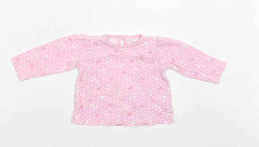 George Baby Pink Polka Dot Cotton Basic Blouse Size 9-12 Months Crew Neck Button - Bunny Print