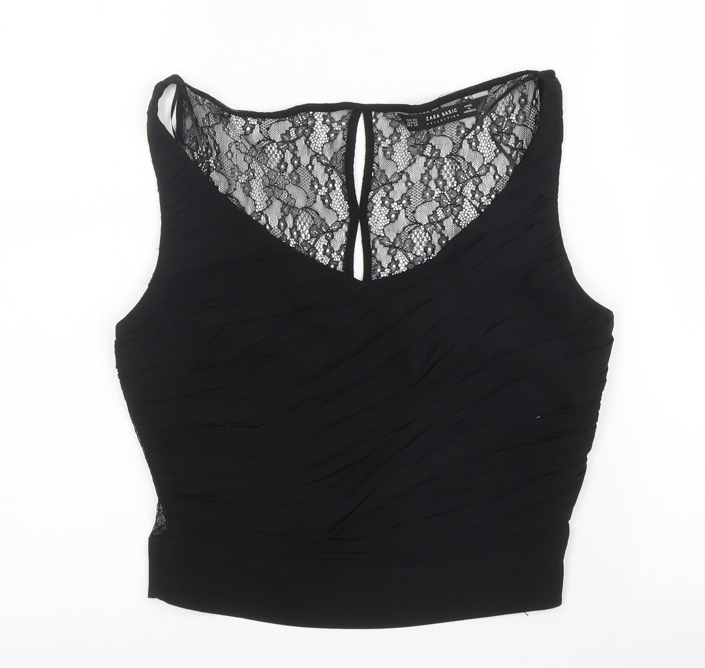 Zara Womens Black Floral Polyester Basic Blouse Size XS Scoop Neck