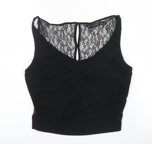 Zara Womens Black Floral Polyester Basic Blouse Size XS Scoop Neck