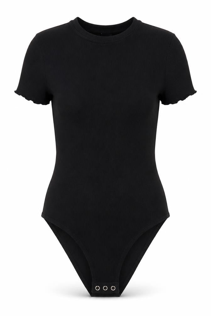 Divided Womens Black  Cotton Bodysuit One-Piece Size S  Snap - Lettuce Edging
