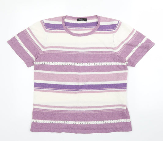 BM Womens Purple Striped Acrylic Basic Blouse Size S Round Neck