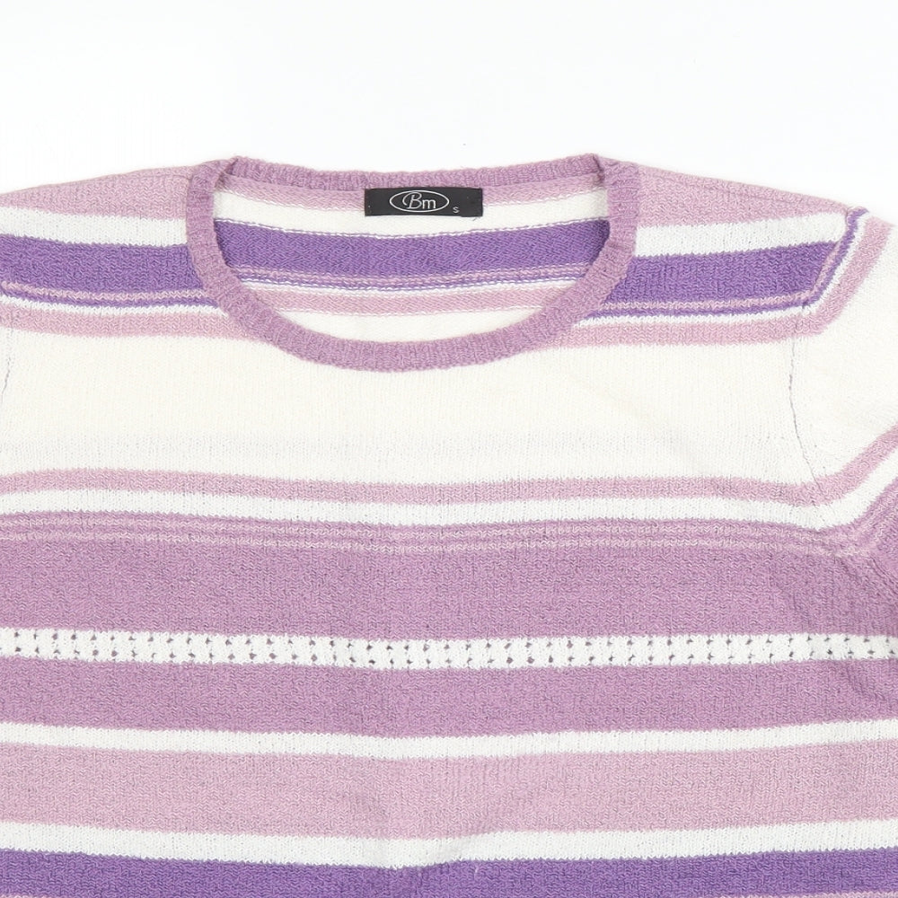 BM Womens Purple Striped Acrylic Basic Blouse Size S Round Neck