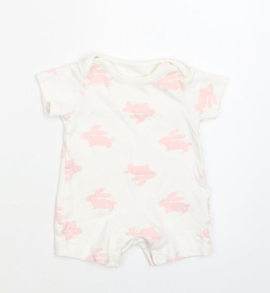 M&S Baby White Geometric Cotton Romper One-Piece Size 0-3 Months  Snap - Bunny Print
