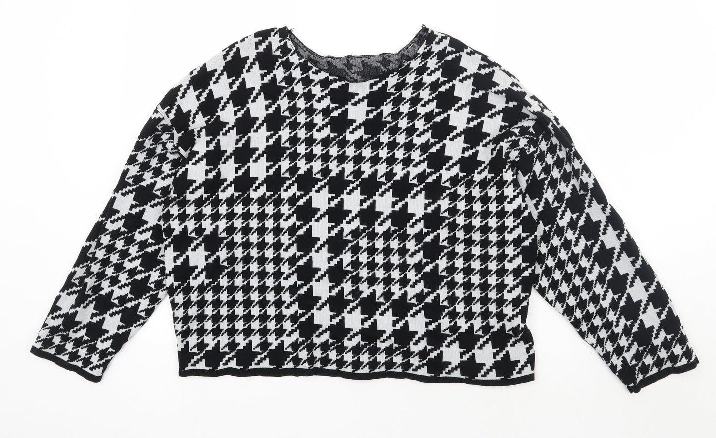 H&M Womens Black Boat Neck Houndstooth Cotton Pullover Jumper Size M