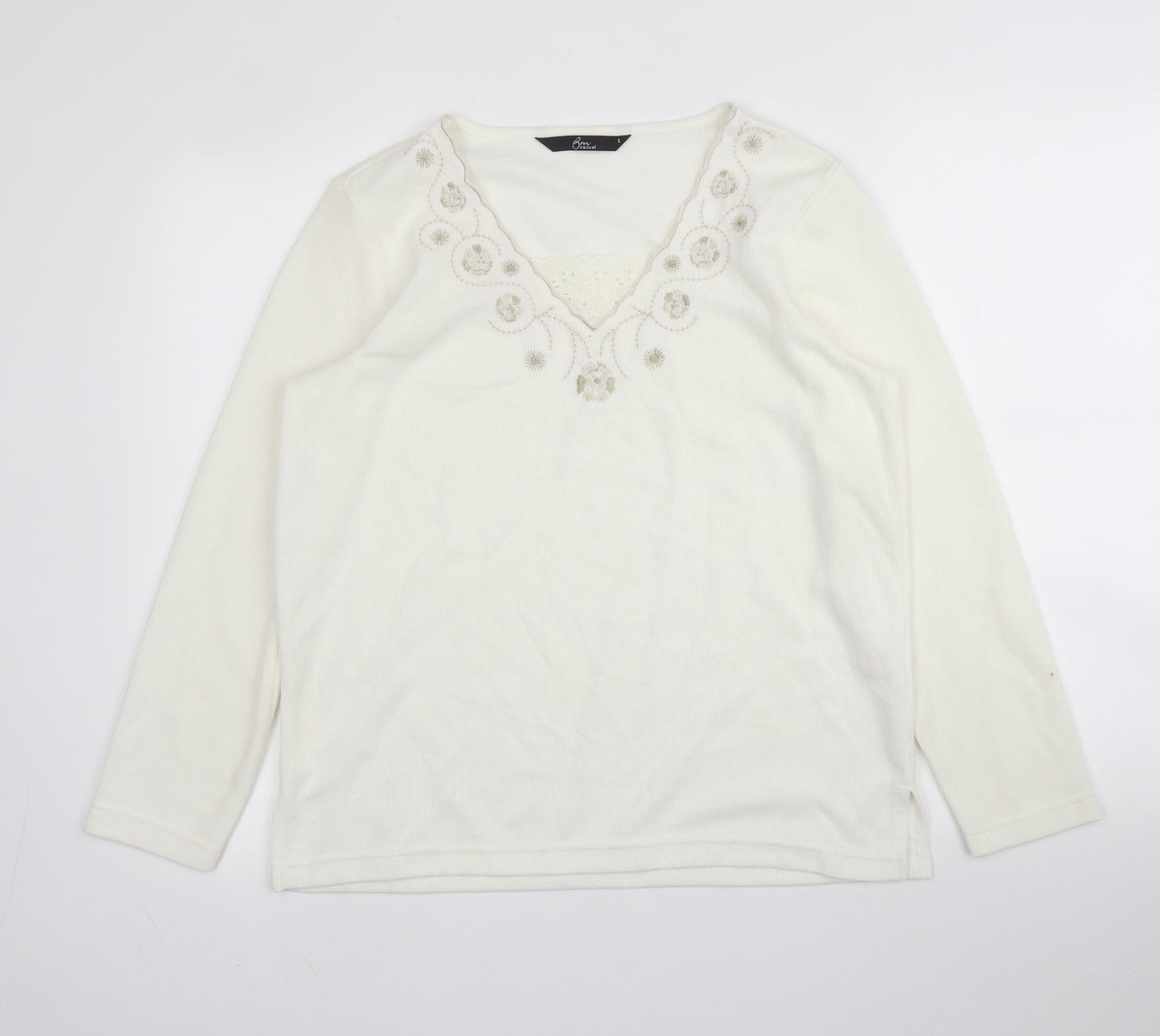 BM Casual Womens White V-Neck Floral Cotton Pullover Jumper Size S