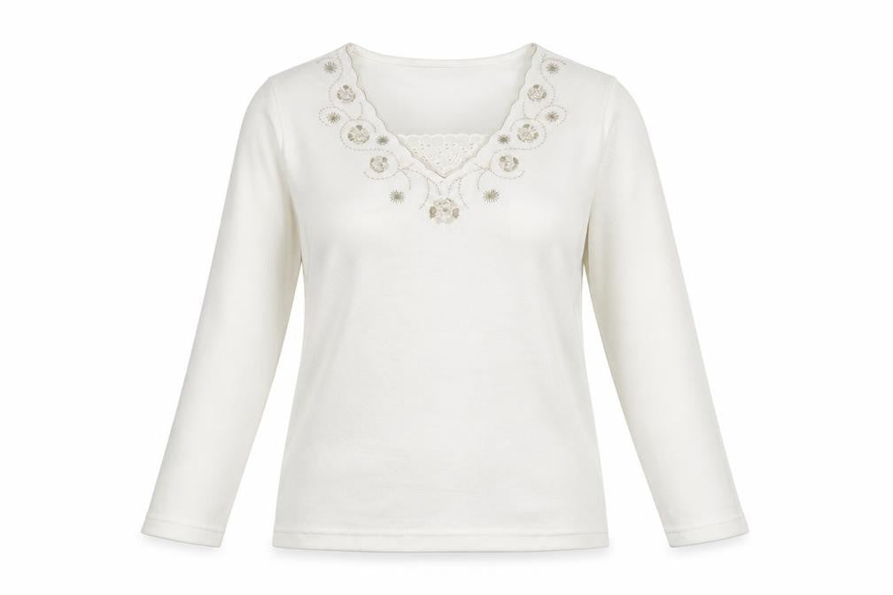 Bonmarché Womens White V-Neck Floral Cotton Pullover Jumper Size S