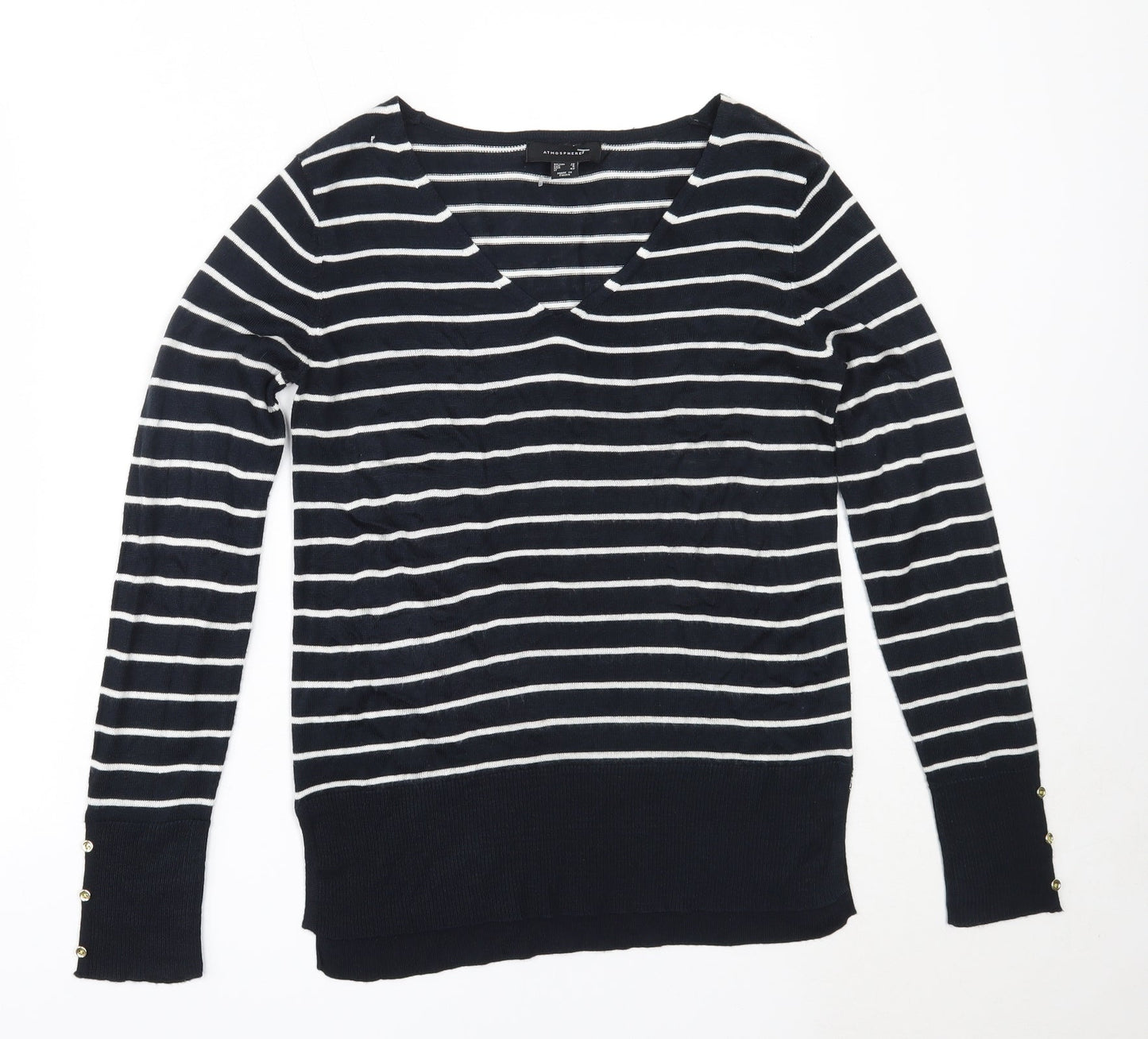 Atmosphere Womens Blue V-Neck Striped Acrylic Pullover Jumper Size 10