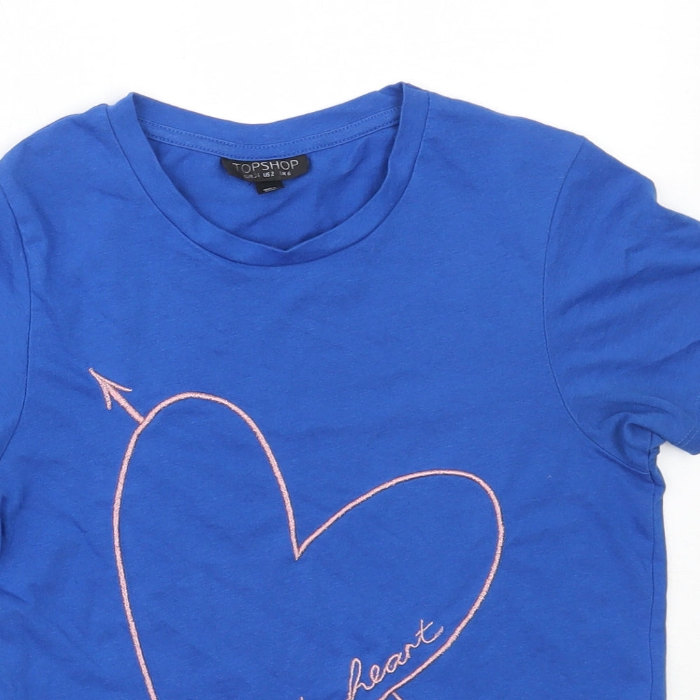 Topshop Womens Blue  Cotton Basic T-Shirt Size 6 Round Neck