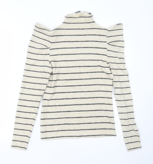 Papaya Womens Beige High Neck Striped Viscose Pullover Jumper Size 8