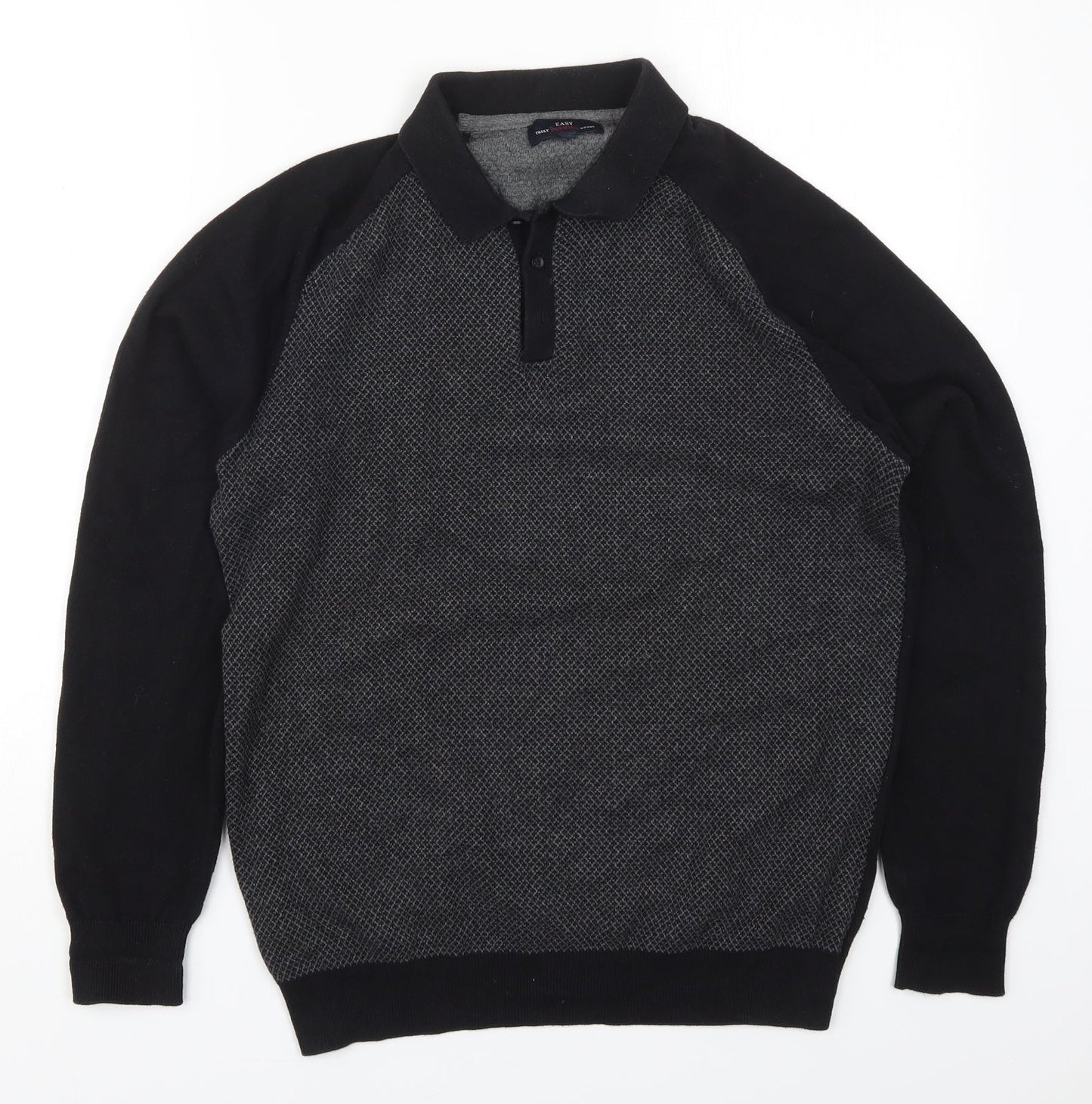 Easy Womens Black Collared Geometric Cotton Pullover Jumper Size M