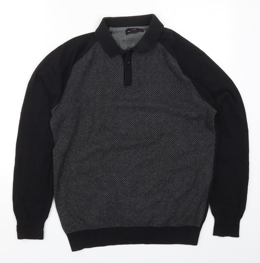 Easy Womens Black Collared Geometric Cotton Pullover Jumper Size M