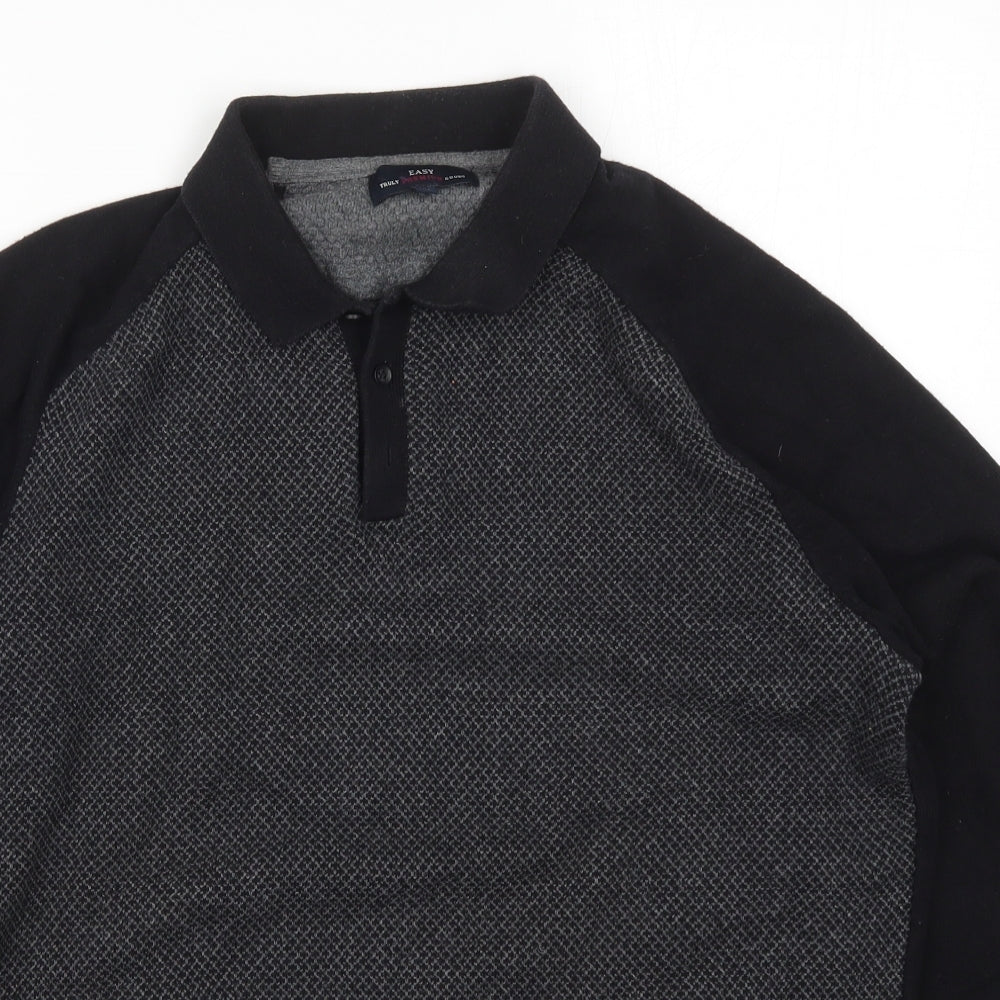 Easy Womens Black Collared Geometric Cotton Pullover Jumper Size M