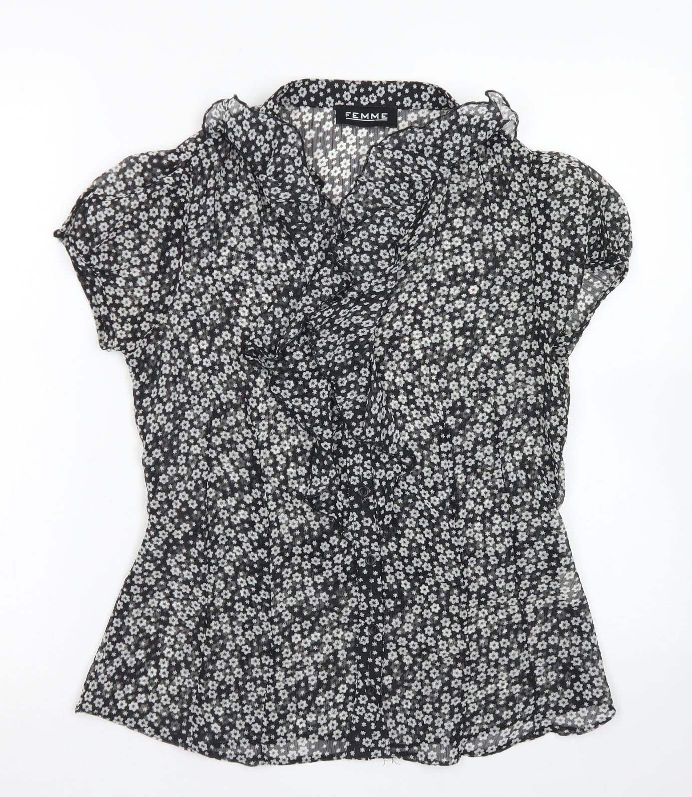 Femme Womens Black Floral Polyester Basic Blouse Size 12 Collared
