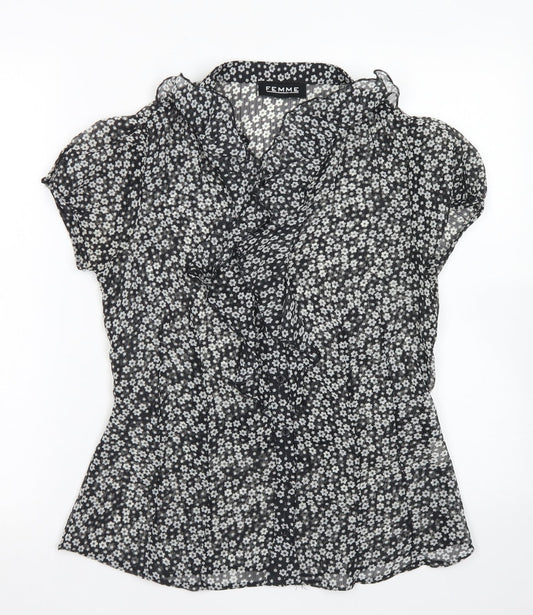 Preloved Femme Womens Black Floral Polyester Basic Blouse Size 12 Collared - Front