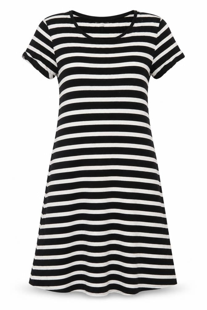 Amazon Womens Black Striped Viscose T-Shirt Dress  Size M  Round Neck