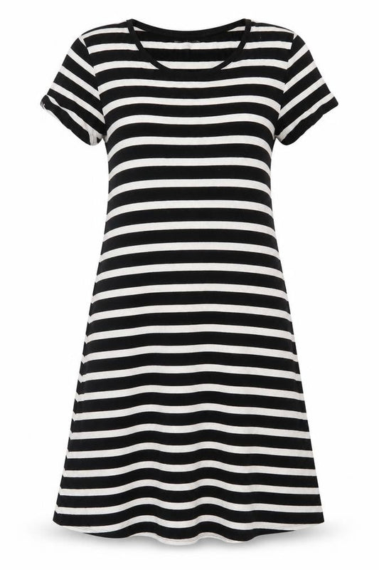 Amazon Womens Black Striped Viscose T-Shirt Dress  Size M  Round Neck