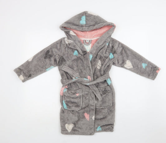 TU Girls Grey Geometric Polyester Kimono Robe Size 5-6 Years   - Heart Print
