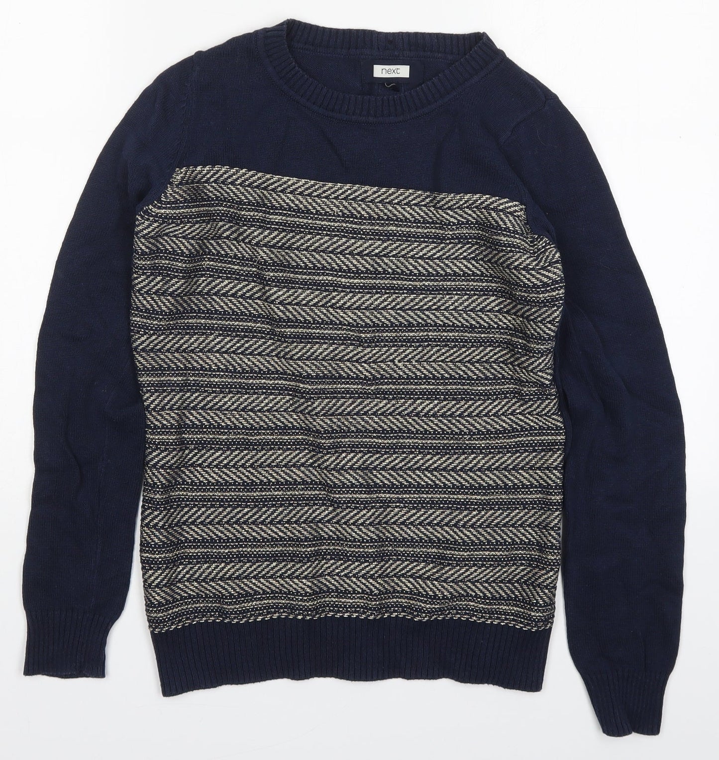 NEXT Womens Blue Round Neck Geometric Cotton Pullover Jumper Size 10