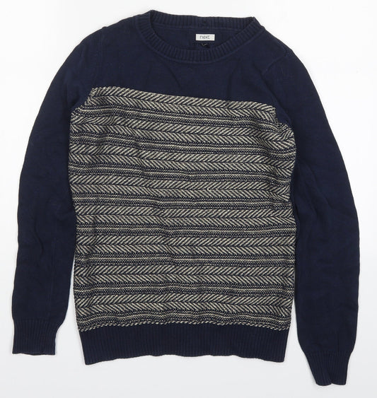 NEXT Womens Blue Round Neck Geometric Cotton Pullover Jumper Size 10