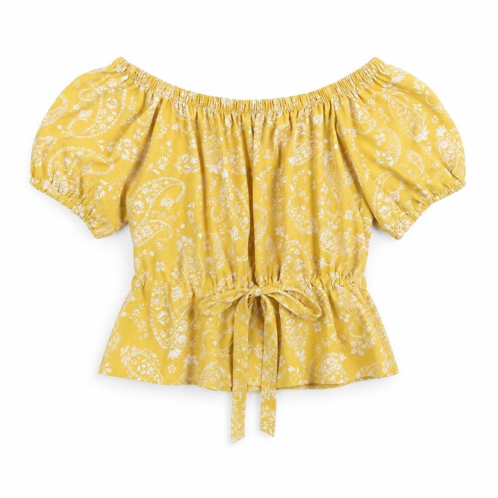 Primark Womens Yellow Paisley Polyester Basic Blouse Size 6 Off the Shoulder