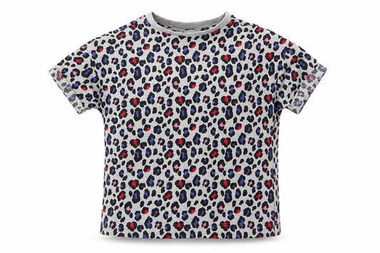 Marks & Spencer Girls Grey Animal Print Cotton Basic T-Shirt Size 7 Years Round Neck  - Leopard Print