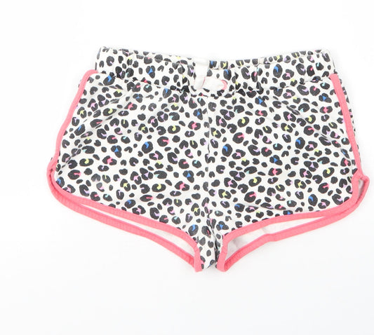 M&S Girls White Animal Print Cotton Cut-Off Shorts Size 8 Years  Regular Drawstring - Leopard print